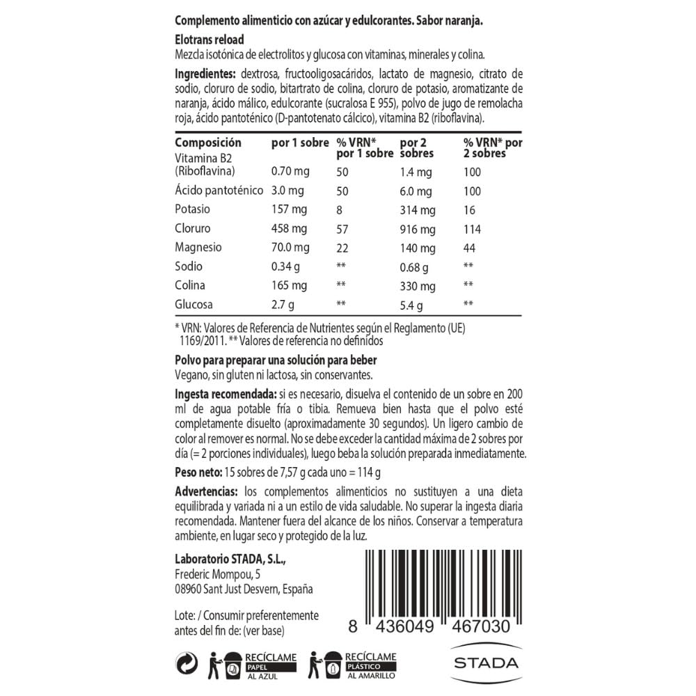 ELOTRANS Reload - Electrolitos, vitaminas y minerales en sobres sabor naranja - Mezcla isotónica para hidratación intensa - 15 sobres