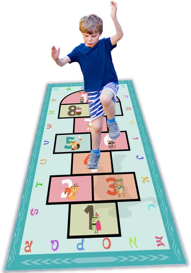 Hopscotch Rug 63”x31, Hop and Count Game Rug with Colorful Alphabet and Animals Design Anti-Slip Kids Play Mat, Soft Floor Area Rug & Carpet Playroom Bedroom Living Room