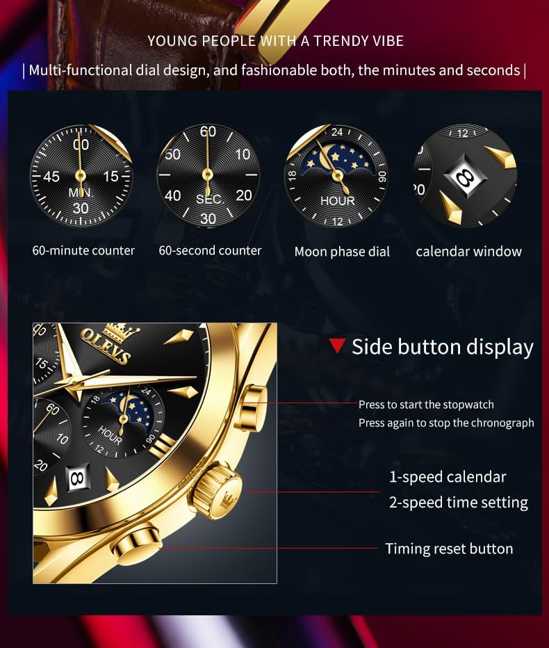 Miniatura 4 de OLEVS Reloj de cuarzo analógico de cuero para hombre - Reloj de pulsera cronógrafo de lujo con fecha, impermeable, luminoso - estilo de vestir