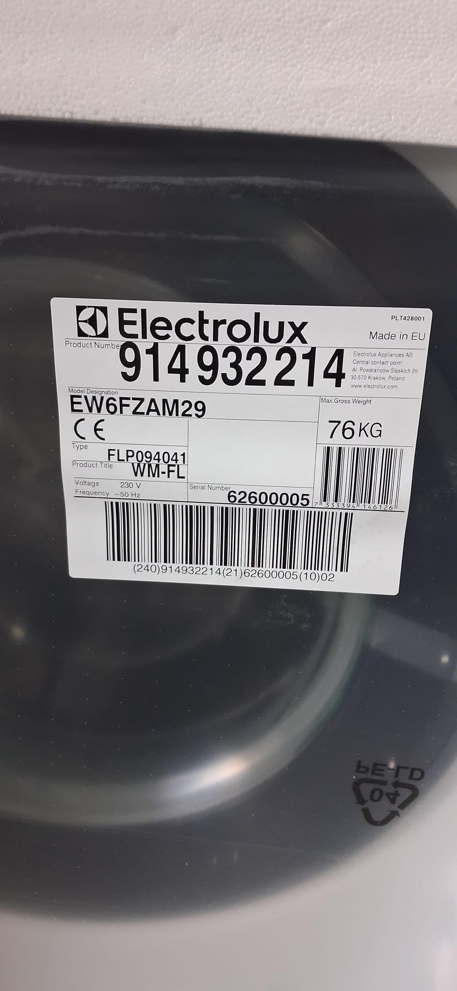 ELECTROLUX EW6FZ29 PRALKA 9 KG/1400 obr./64 cm SERIA 600 CZUJA