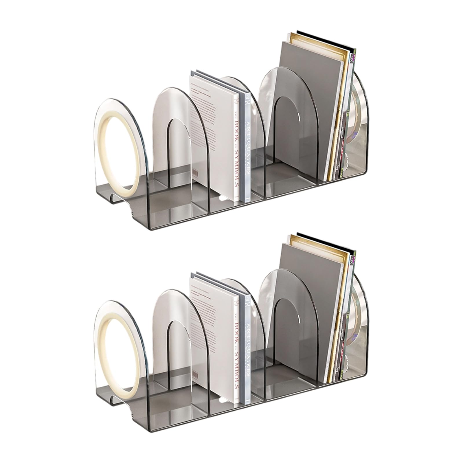 Buxuaaaa 2Pieces Acrylic Bookends for Shelf 4 Section Book End Magazine Stand Book Stoppers Space Saving Desk Organizers Spacing Bookends