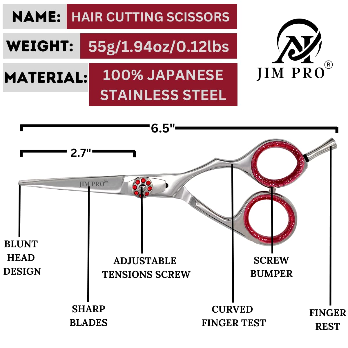 JIM PRO Hair Cutting Scissors Shears, Professional Hairdressing Scissors With Adjustable Screw (Hair Beard Trimming Shaping Grooming Shears) for Men Women Pets Home Salon (RED/SILVER) 6