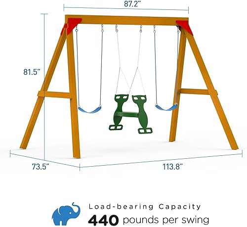 Miniatura 3 de Juegos de columpios para patio trasero, juegos de madera con columpio deslizante y 2 columpios de cinturón, equipo de juego para exteriores