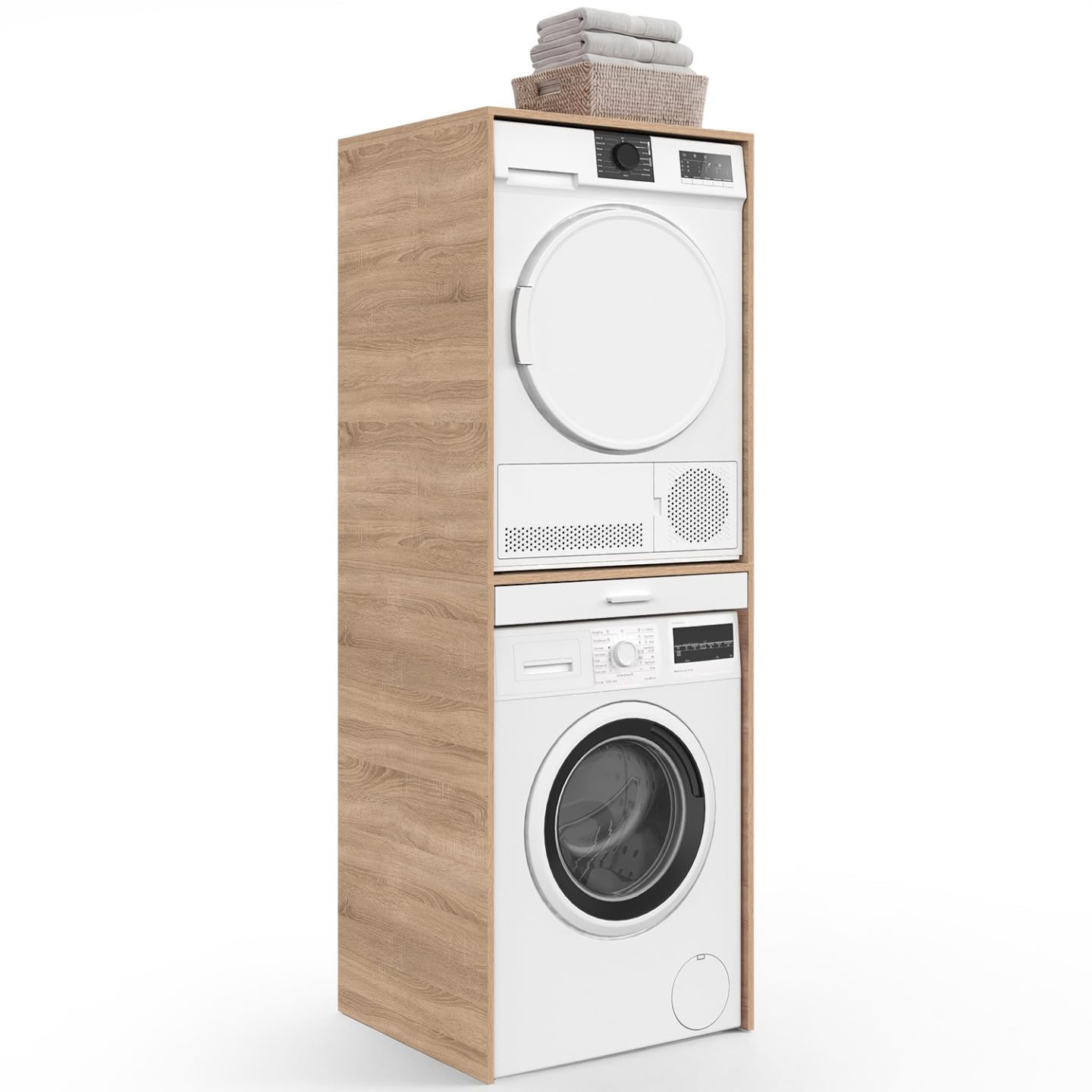 IDMarket - Meuble de buanderie pour Machine à Laver et sèche-Linge Wallis Plateau Coulissant pour Panier à Linge Bois et Blanc