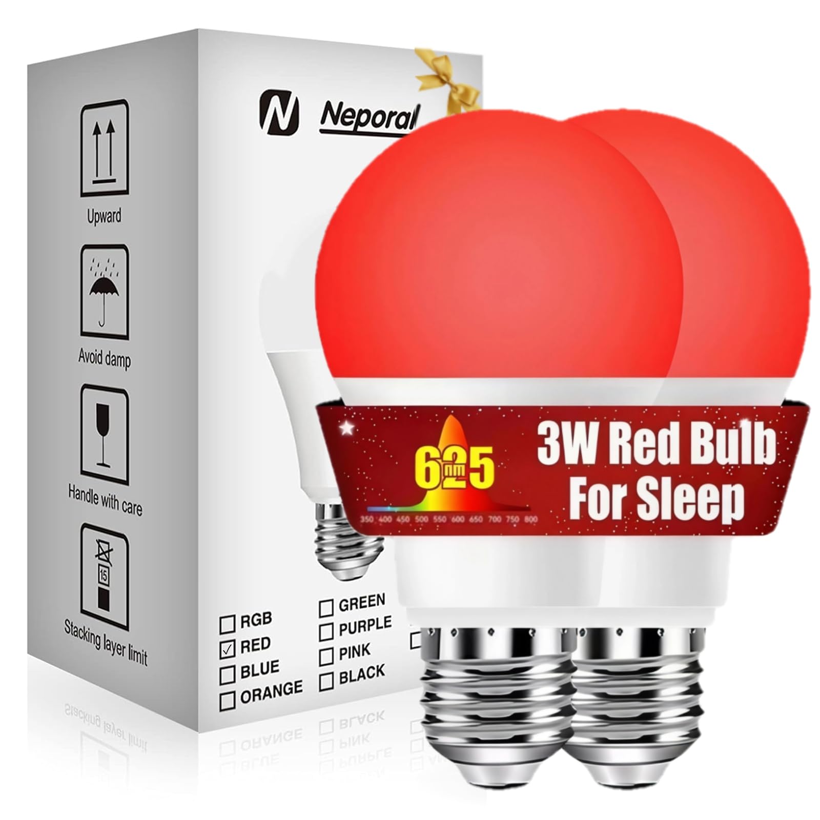 Neporal 625nm Red Light Bulbs for Sleep 3W, 100% Blue Light Blocking Bulbs for Melatonin Promote, A19 40W Eq. Soft Red Night Light Bulb for Sleep, Read, Baby Nursery 2PK (White When Off, Red When on)