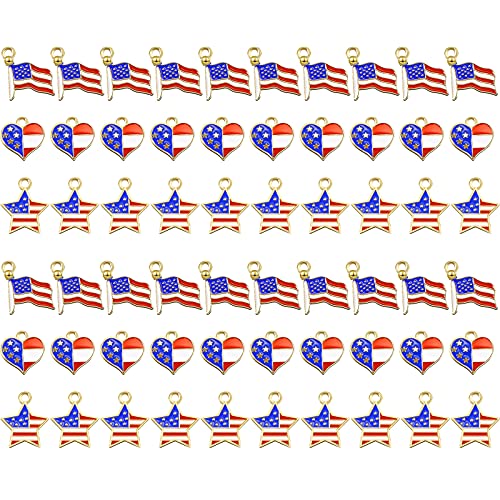 Hicarer 60 Pcs American Flag Charm 250 Anniversary Patriotic Enamel Charm 4th of July Keepsake Flag Heart and Star Keepsake for Independence Day Ornament DIY Home Decoration Jewelry