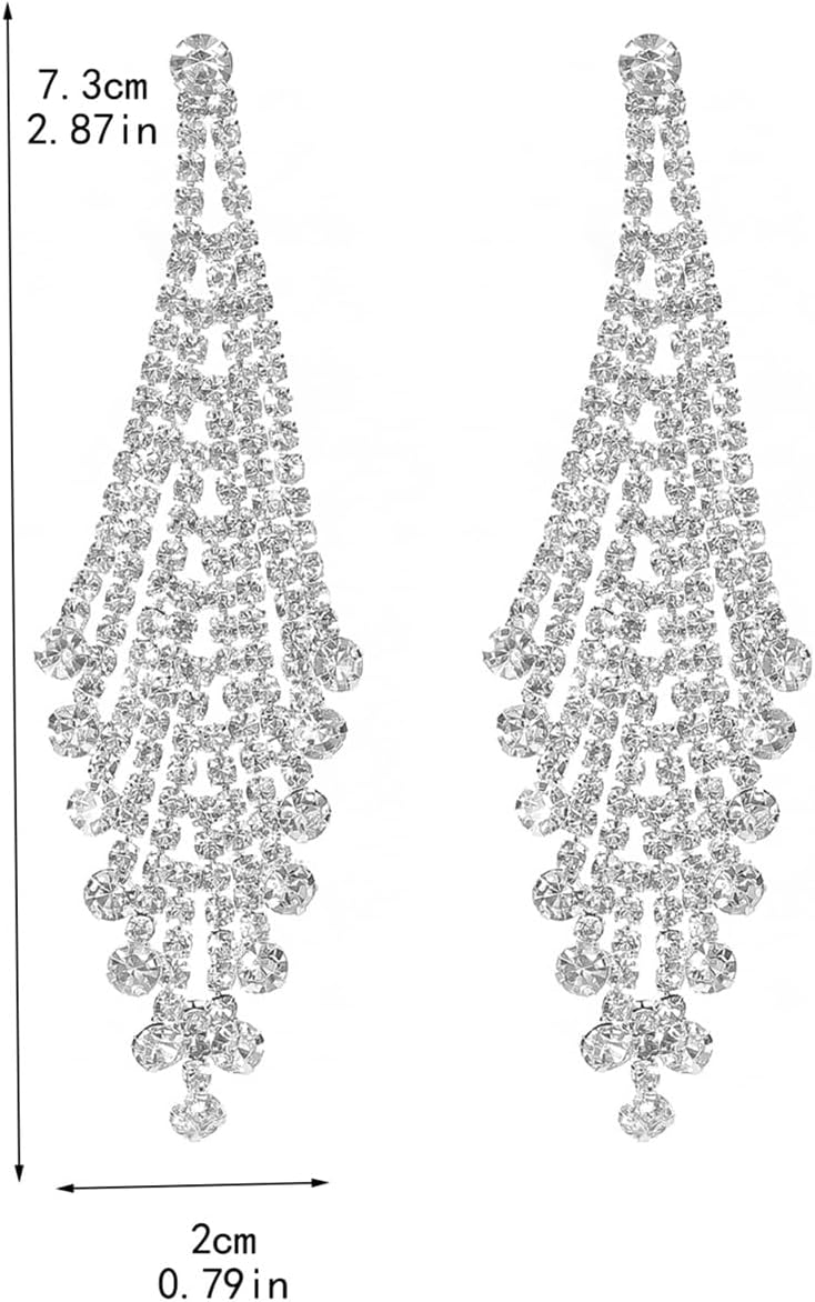 Rhinestone Earrings Dangling for Women Sparkly Silver Dangle Earrings Girls Long Chandelier Earrings Tassel Lightweight Ear Studs Cubic Zirconia (KE001S-W) - Image 6