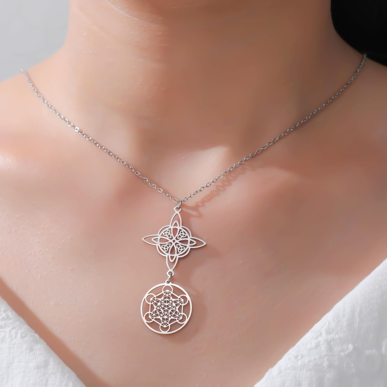 TEAMER Metatron Cube Witch Knot Pendant Necklace Double Amulet Protection Stainless Steel Witchcraft Necklaces Vintage Jewelry For Women - Image 3