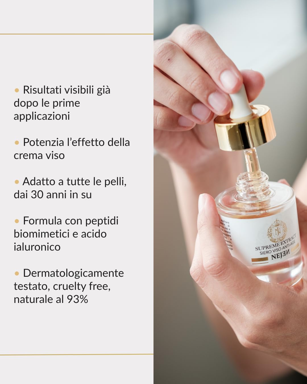 Nejen Supreme Extract Siero Viso Ultra-Lifting - Riduce Rughe e Macchie, Rassoda e Illumina - con Acido Ialuronico a 3 pesi, peptidi e il 93% di ingredienti naturali - Made in Italy