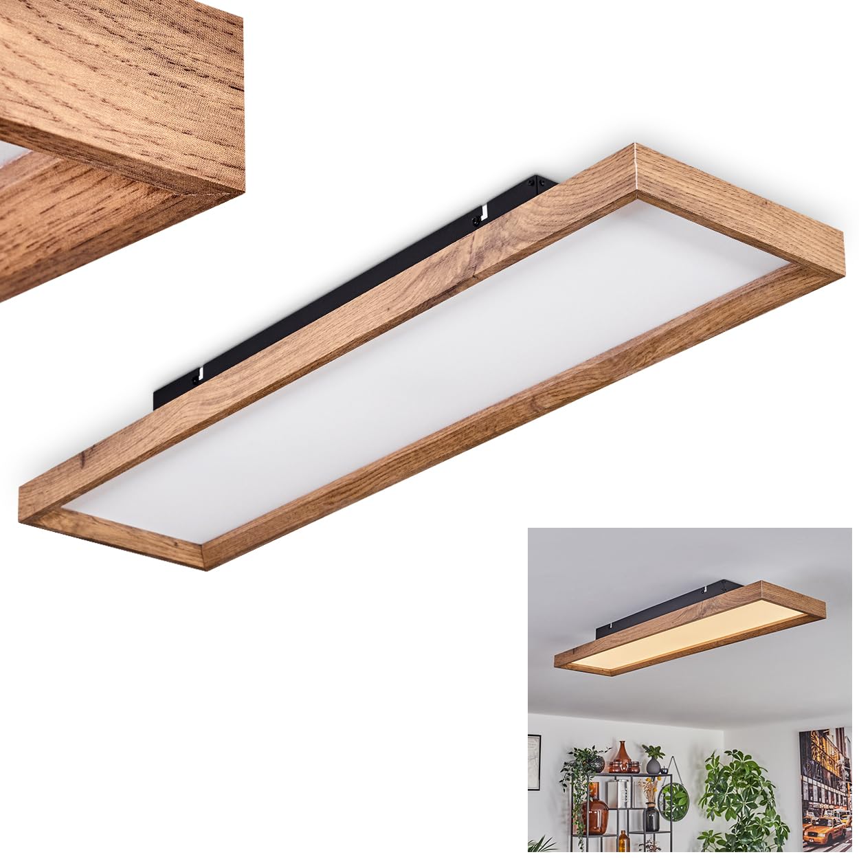 LED Ceiling Panel Longvic, Modern Ceiling Light Made of Metal/MDF/Plastic in Black/Wood Look/White, Length 80 cm, 24 watts, 2650 lumens, 3000 Kelvin