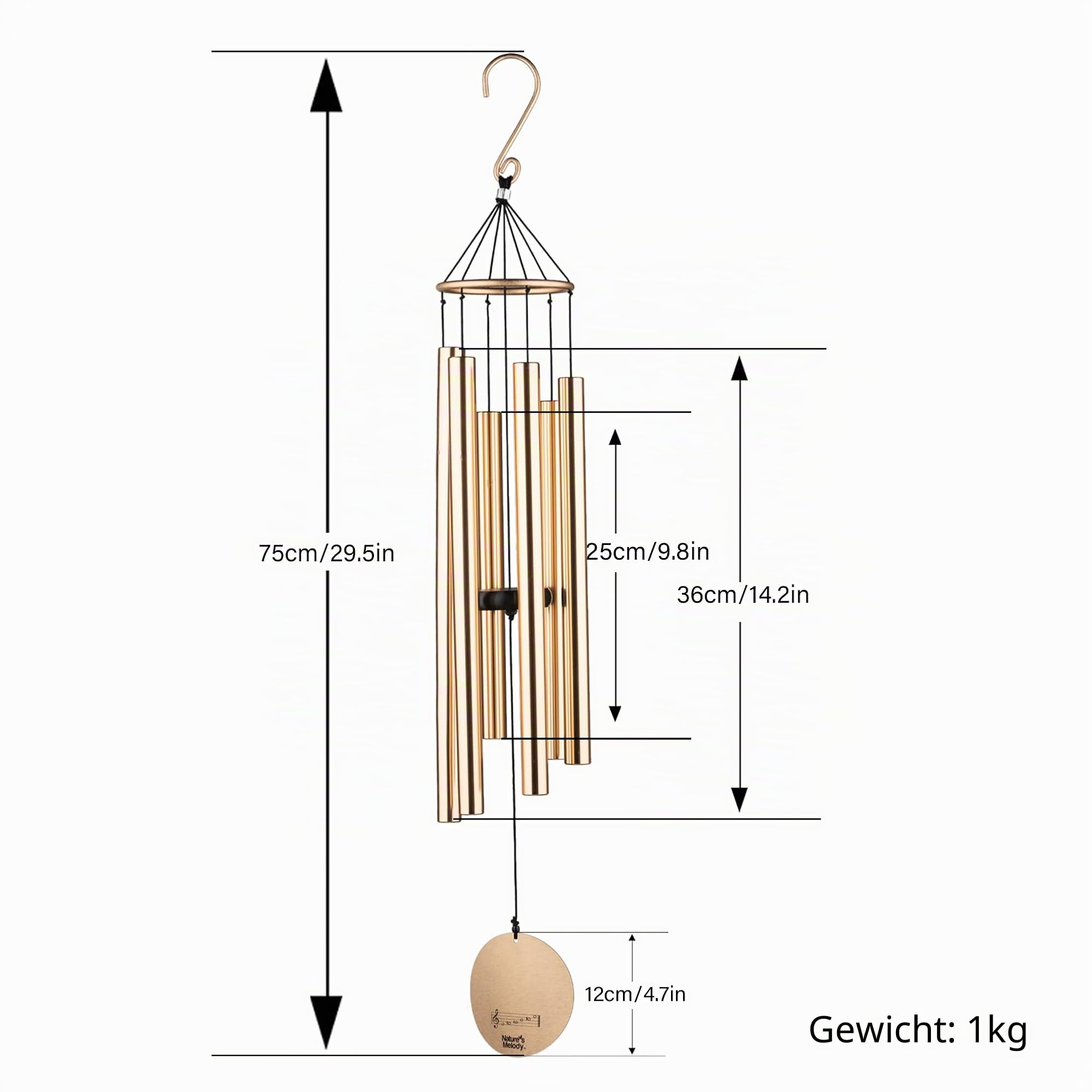 OSVINO Klangspiele Windspiele Deko mit Klang Aluminium groß Gesamtlänge 75cm für draußen Balkon Garten, Rosagold