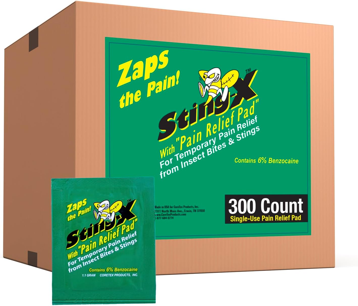 CoreTex Sting X Insect Sting Relief Wipes - Pack of 300 Single-Use Pain Relief Pads Containing 6% Benzocaine - Relieves Discomfort from Bees, Wasps, Hornets, Mosquito Bites, & More