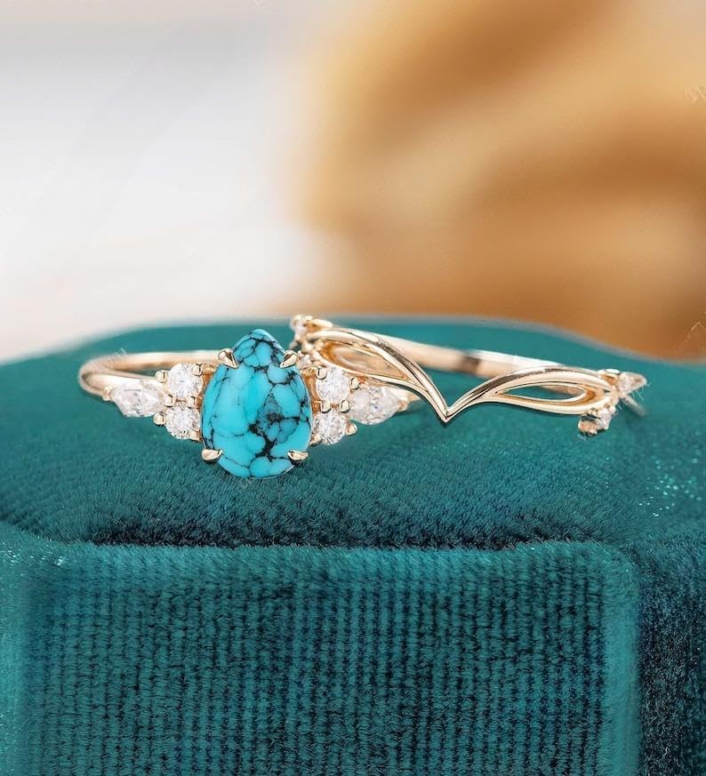 turquoise engagement ring set Pear shaped women rose gold marquise cut moissanite unique diamond curved wedding band Bridal set