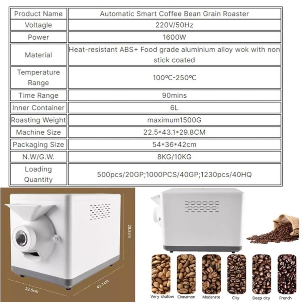 Zapalarka do kawy 1600 W, elektryczny palnik do kawy 1500 g, regulowany czas i temperatura, nieprzywierający elektryczny orzech orzechowy orzeszki ziemne nerkowca palnik do ziaren kawy