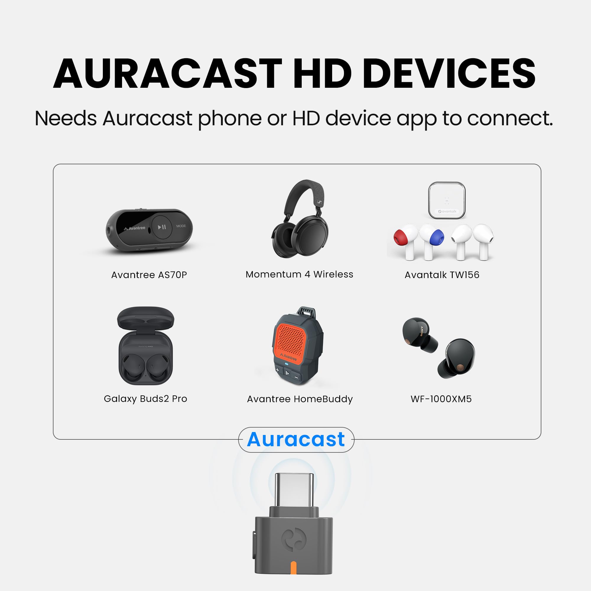 Avantree C82 Aura – Nadajnik dźwięku Auracast, adapter USB-C do audio i innych urządzeń kompatybilnych z Auracast, Qualcomm Bluetooth 5.4, kompatybilny z telefonami AV, tabletami, komputerami Mac i PC
