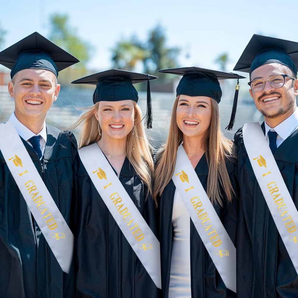 6 Fasce In Raso Bianco Per Laurea 2024 - Scritte "Senior" In Oro - Dimensioni 80x9,5 Cm - Per Feste E Celebrazioni