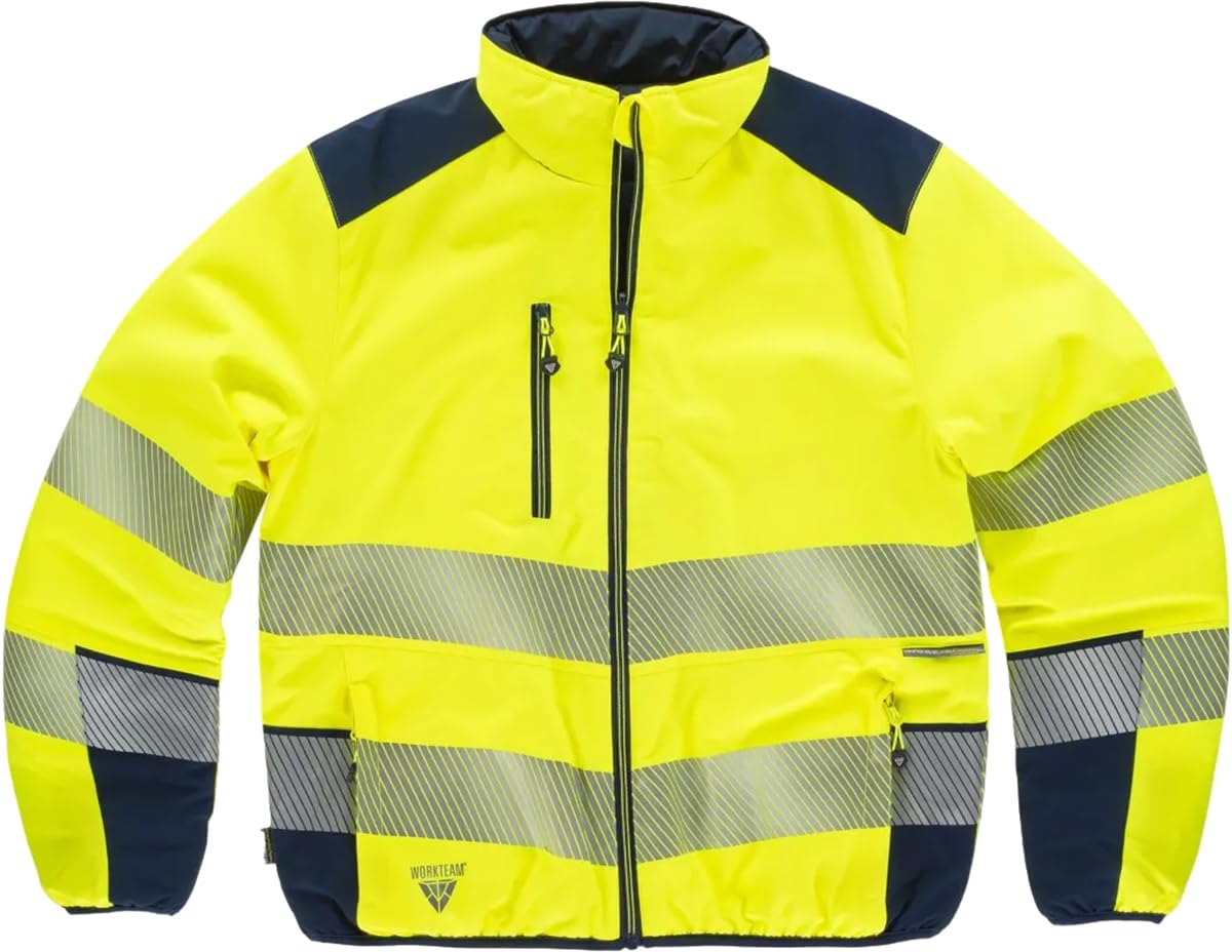 WORKTEAM Cazadora Reversible Acolchada Alta Visibilidad Clase 2 ISO 20471, Cintas Reflectantes Segmentadas, Cuello Alto, Bolsillos con Cremallera, Ropa Laboral Unisex