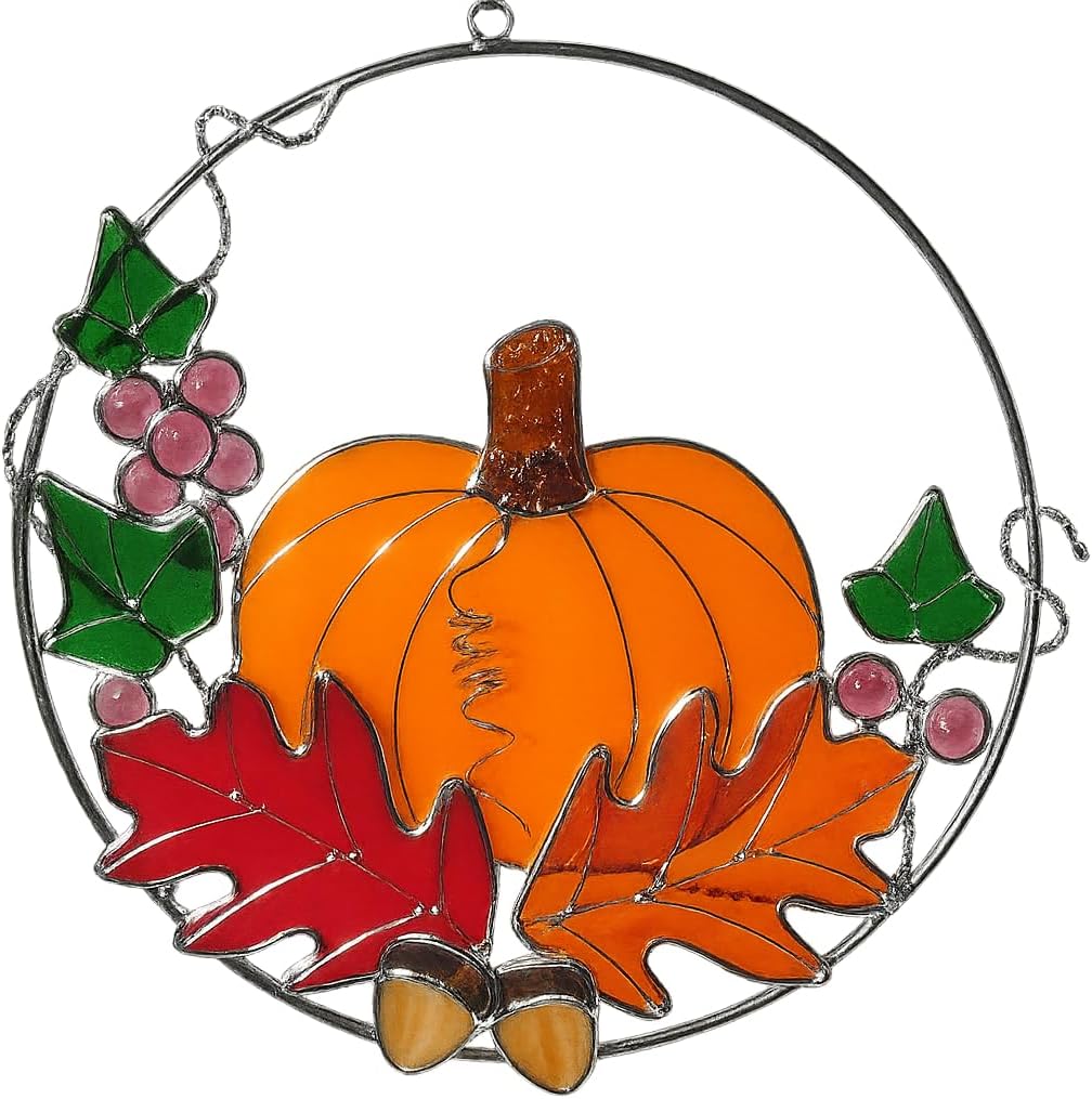 Stained Glass Pumpkin with Fall Leaves – Real Stained Glass Art on 8" Silver-Finish Metal Ring Plated with a Silver Finish – Autumn Window Sun Catcher – Fall Decor – Packed in Foam for Safe Shipping