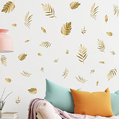 Calcomanías de pared de hojas doradas, calcomanías de pared de vinilo dorado, calcomanías de pared de hojas botánicas para sala de estar,