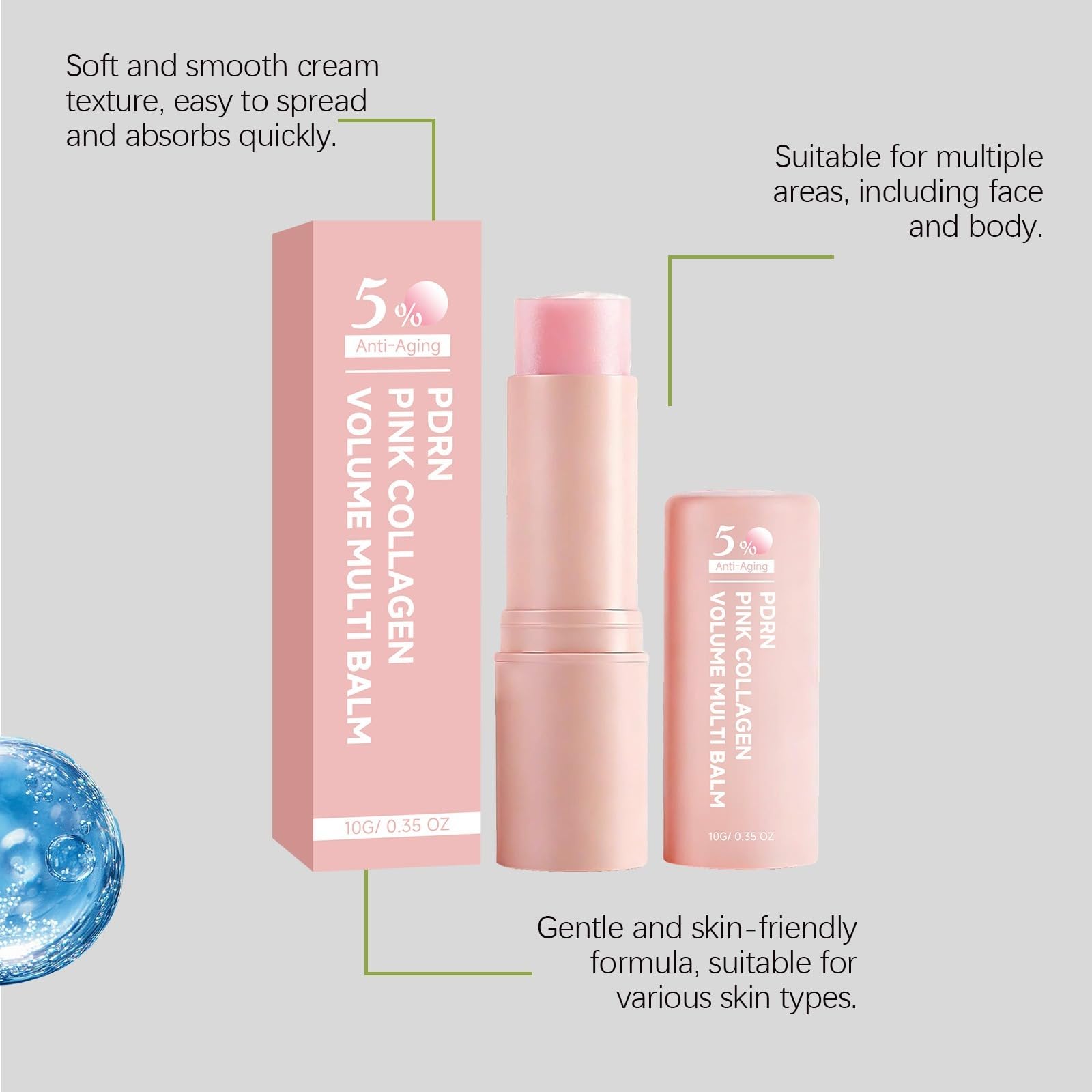 PDRN Pink Collagen Volume Multi Balm, nawilżający krem do oczu-10 patyczków | Nawilżający podkład do makijażu twarzy i podkładu, nielepki nawilżający wchłaniający Rapinde do ust, oczu i szyi