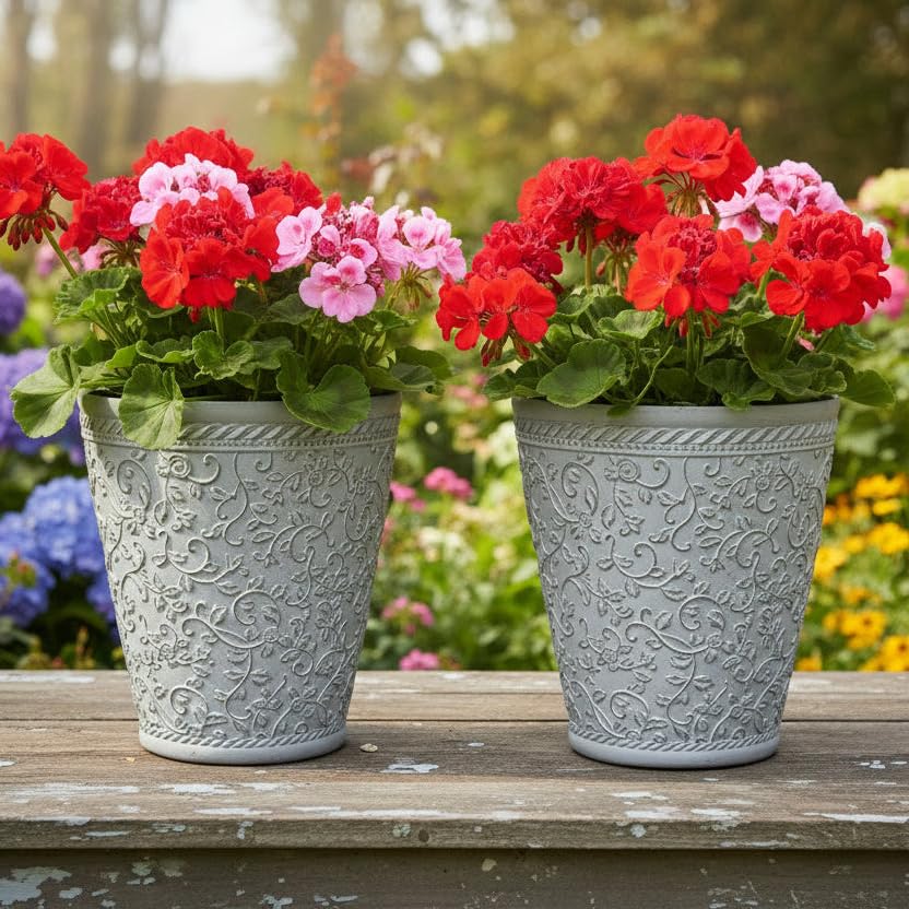 2 x Large Plastic Round Plant Pots Flower Pot Planter Garden Decoration Aged white 29cm Plant Pot Outdoor Flower Pots Outside Garden Planters Outdoor With Drainage Holes