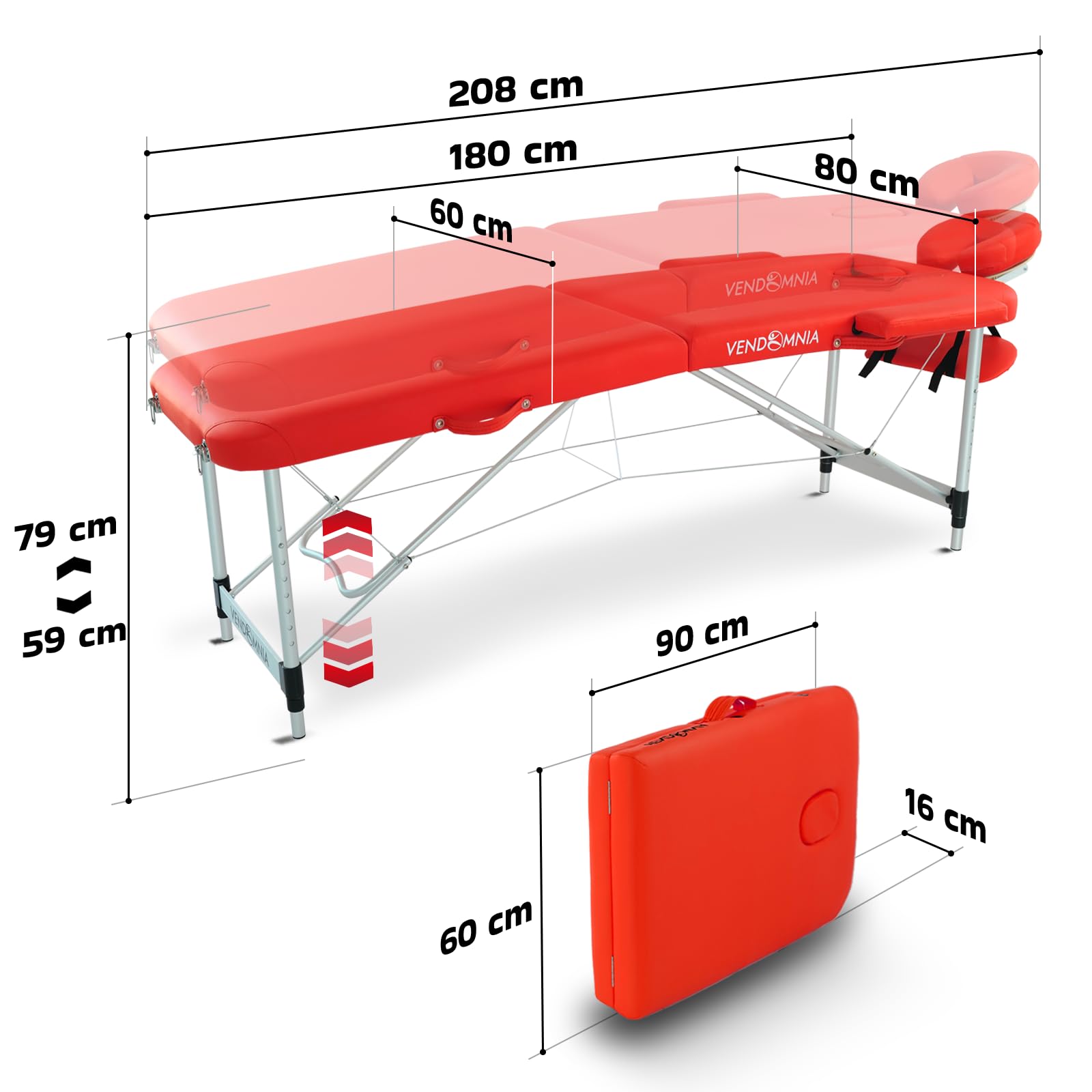 VENDOMNIA Mobile Massageliege - Aluminium mit 2 Zonen höhenverstellbar inkl. hochwertiger Kopfstütze Tasche Armlehnen - Farbwahl Klappbar, Massagetisch Massagebett Massagebank Behandlungsliege