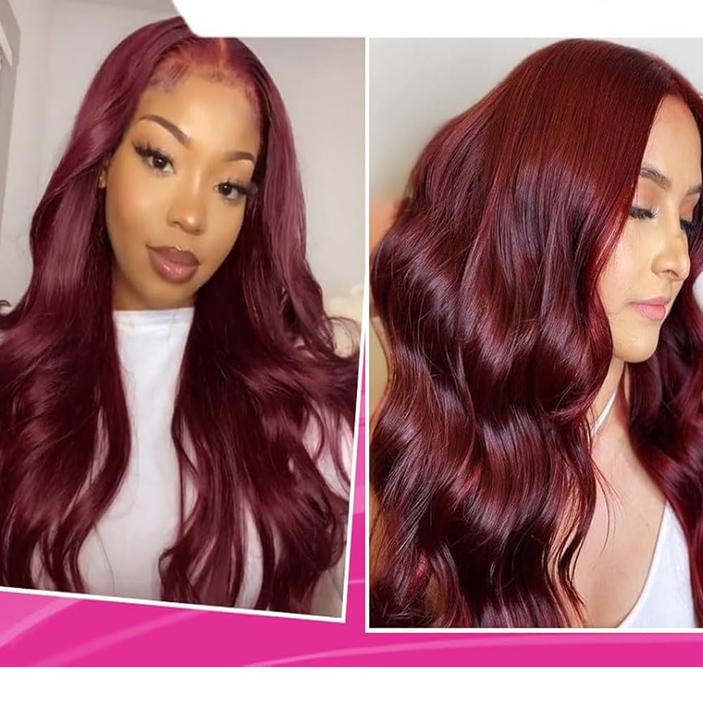xiweiya 99J Burgundy Red synthetic Lace Front Wig Heat Resistant Red Brown Color Wigs for Women Long Glueless Wine Red Body Wave Hair
