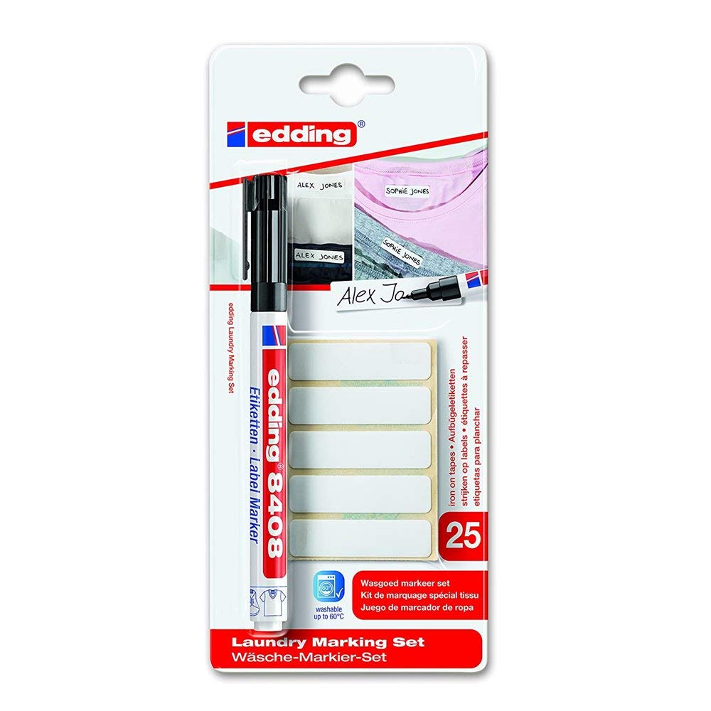 edding 8408 set para marcar ropa - negro - 1 rotulador - punta redonda de 0,75 mm, 25 x etiquetas para planchar - para marcar etiquetas para ropa