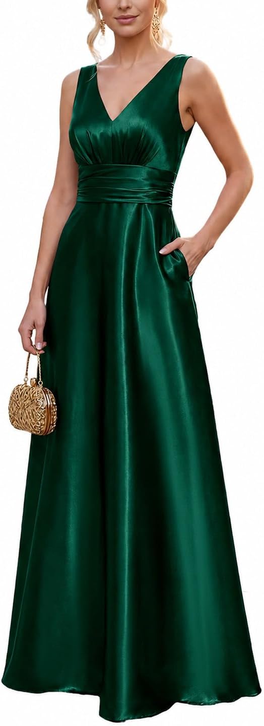 Ever-Pretty Women's Summer Satin V Neck Formal Wedding Guest Dress Floor Length Empire Waist Bridesmaid Dresses with Pockets