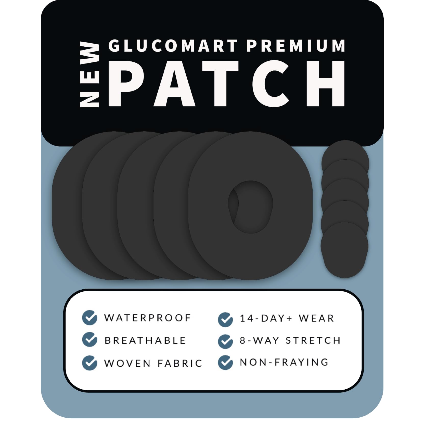 Glucomart NO-Lift NO-FRAY Premium Dexcom G7 Adhesive Patches Dexcom G7 Tape Black Dexcom Overpatch 5-Pack Waterproof Dexcom Patches Dexcom Tape Dexcom G7 Accessories Overlay Patch