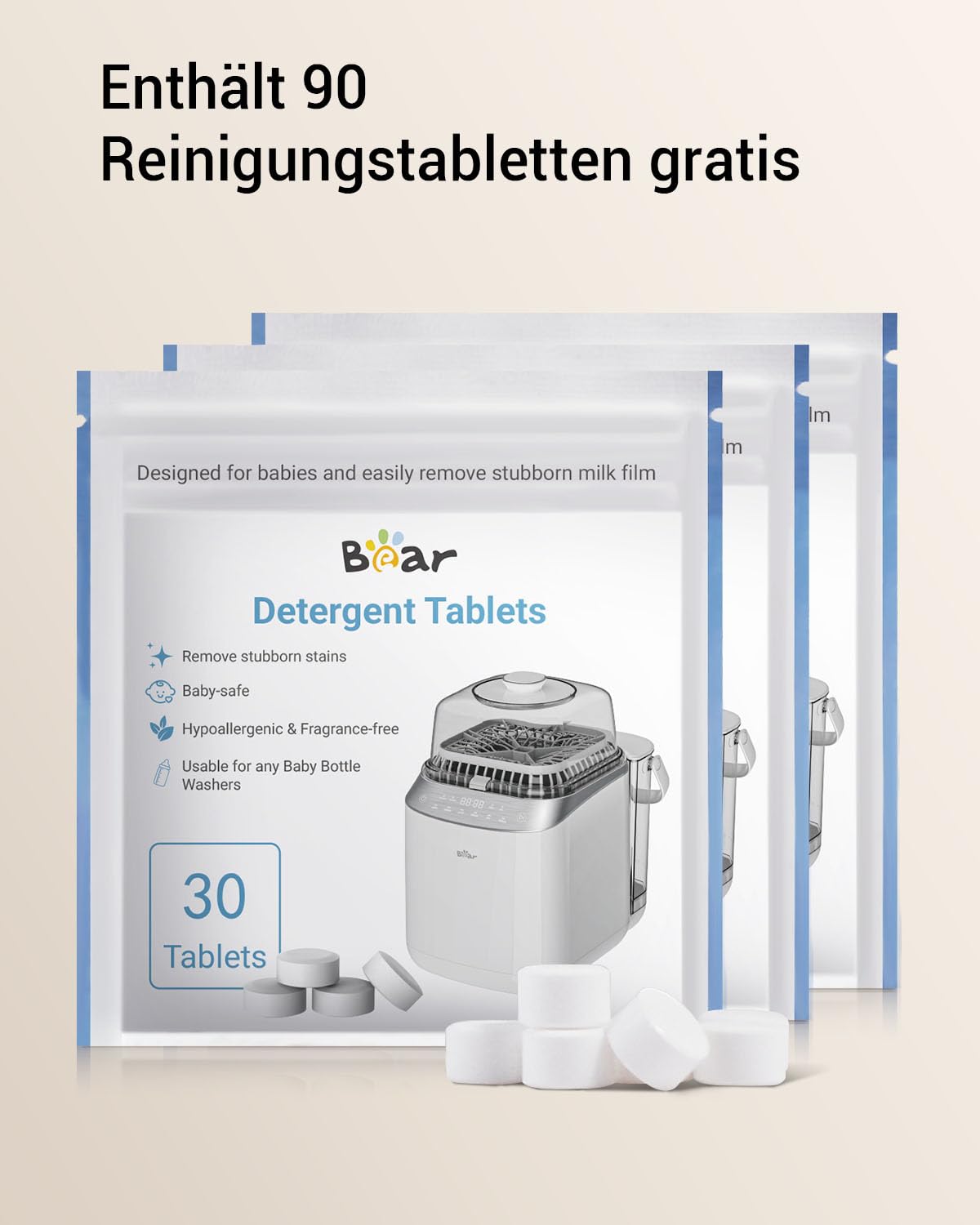 Bear Bottle Washer Pro | Automatischer Flaschenreiniger Sterilisator und Trockner für Babyflaschen & Milchpumpen-Teile | Inkl. 90 Reinigungstabletten | 99,99% Bakterienentfernung