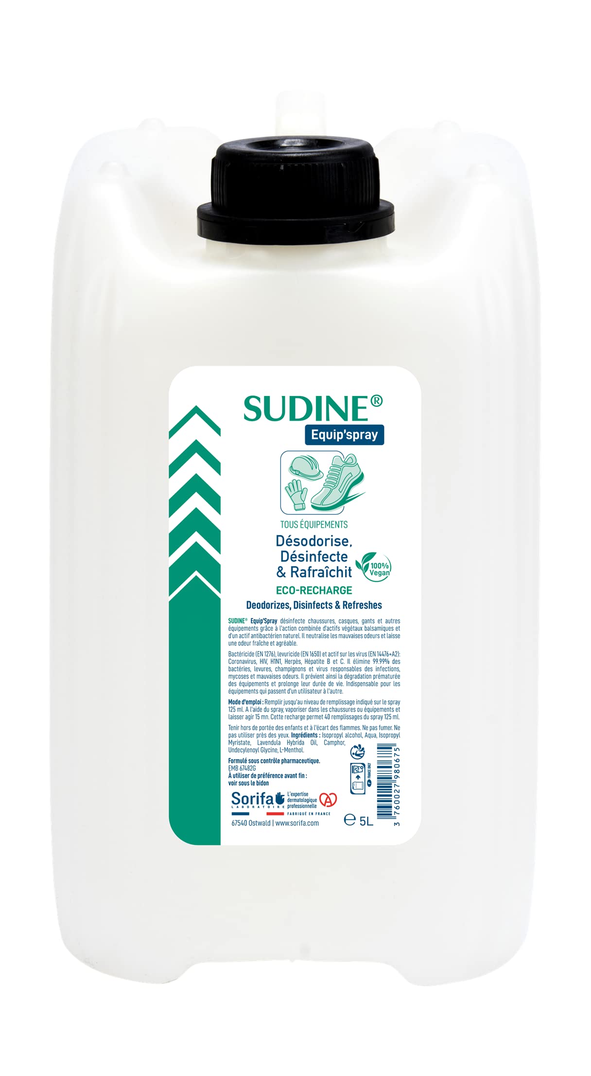Sudine Equip’spray - Désodorise, désinfecte, rafraichit - Chaussures, casques, gants, équipements - Recharge 5L pour SUDINE Equip'spray 50 et 125 ml ou pour le Spray 1L SORIFA