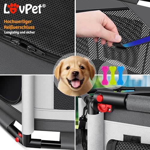 LOVPET® Welpenlaufstall drinnen draußen Welpenauslauf Hunde-Käfig Oxford-Gewebe Tier-Laufstall Kleintier Katzen Freigehege Rahmen PVC-Rohr mit Tasche, 3X Kauknochen & 10 Pad, M 72x72x43cm, Anthrazit