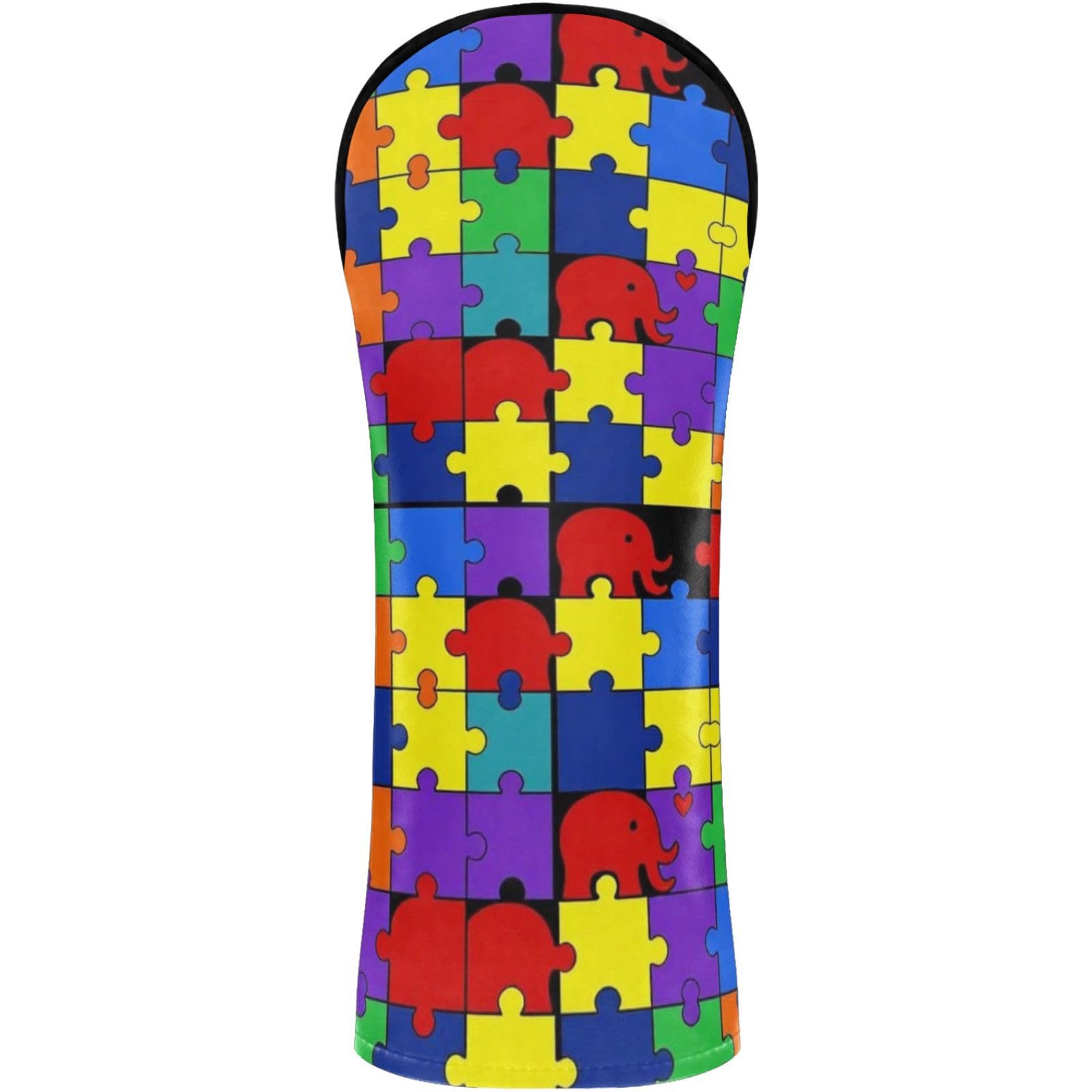 Golf Club Head Cover Headcover with Interchangeable No. Tags for Woods and Driver Fairway Hybrid Cute Autism Elephants Pattern Puzzle Piecing Awareness Black
