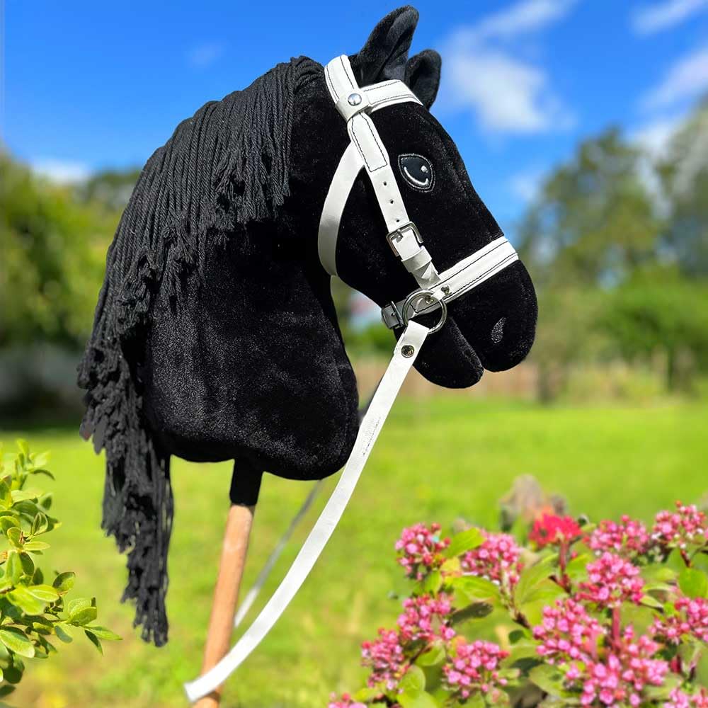 Hobby Horse Filet bridon éthologique Blanc pour Hobby Horse Taille A3 et A4. Réglable par Boucle. Cuir synthétique surpiqué de Coutures Noires