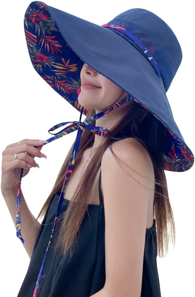 6" Extra Wide Brim Sun Hats UPF 50+ UV Protection Packable Beach Hat Strap Women