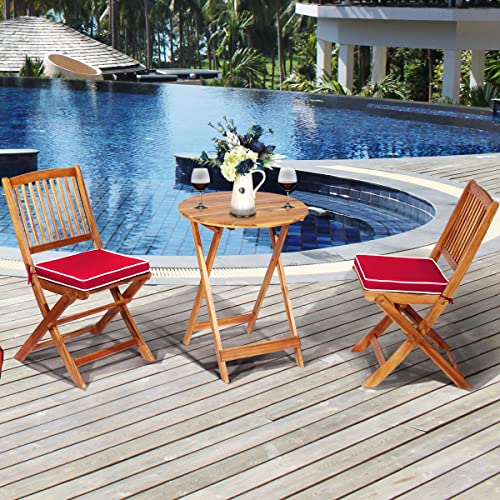 Image of Tangkula 3 PCS Patio Folding Bistro Set, Outdoor Acacia Wood Chair and Table Set w /Padded Cushion& Round Coffee Table, Ideal for Indoor Patio Poolside Garden (Red)