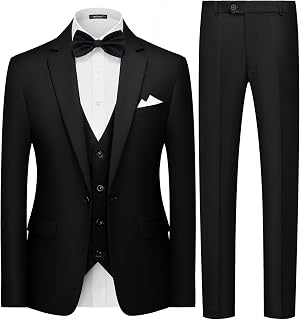 Mens 3 Piece Suits Slim Fit Tuxedo Suit Set Soild Prom Wedding Suits One Button Blazer Vest Pants Set with Bow Tie