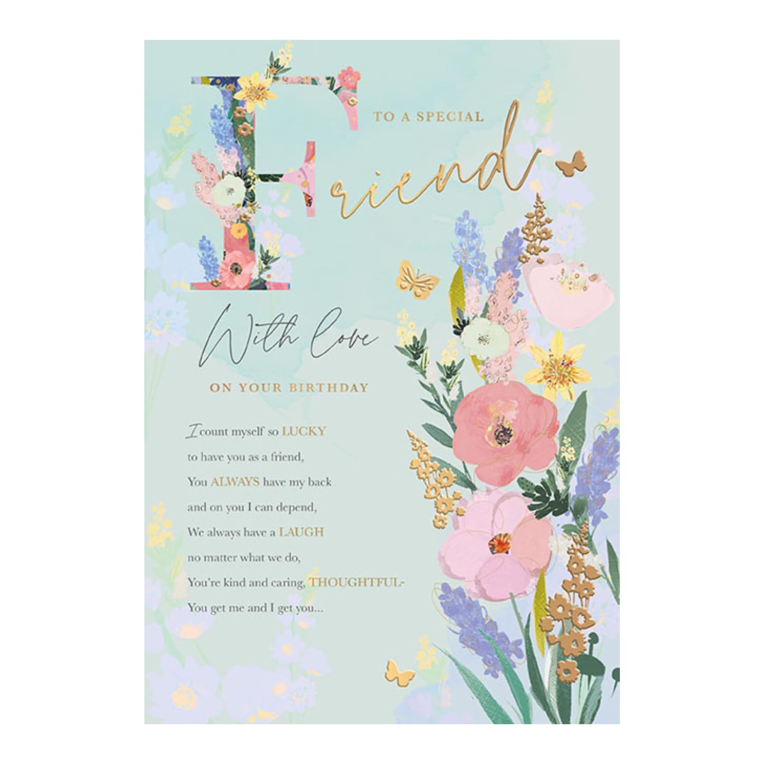 Special Friend Birthday Card, Pastel Colours & Lovely Words, Gold Foil Finish, UK Made