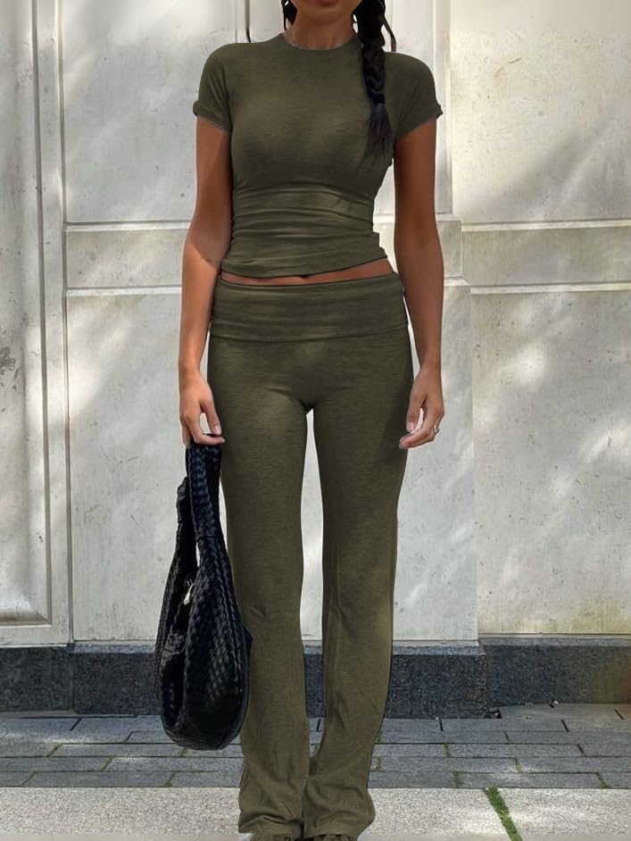 Image of ZFLM Casual Workout Two Piece Outfits for Women Short Sleeve Crop High Waist Foldover Flare Pants Tracksuit Sets Streetwear