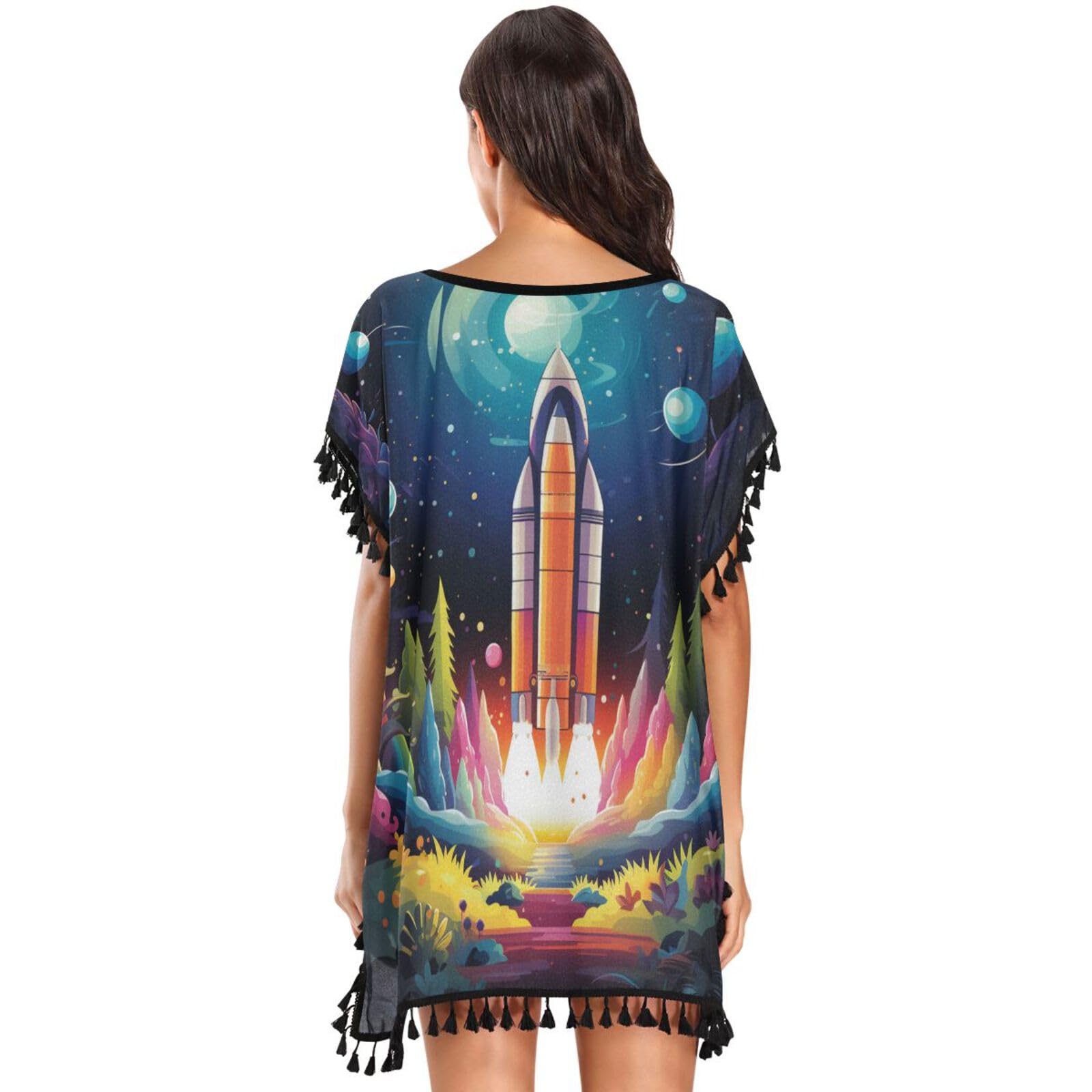 KAAVIYO Colorful Space Rocket Stars Women's Beach Cover Up Chiffon Tassel Swimwear Swimsuit Coverups for Girl