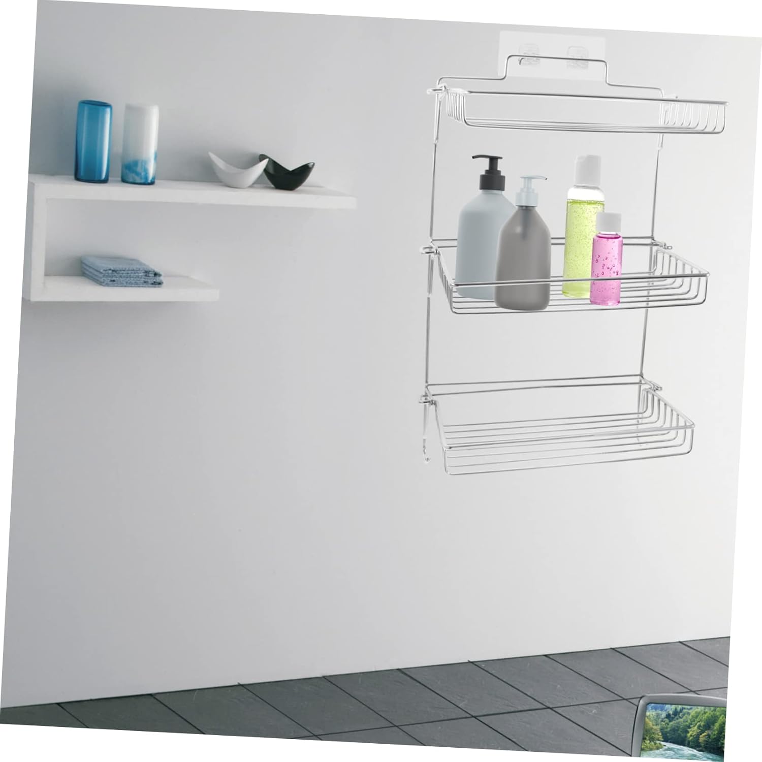 Folding Bathroom Storage Rack Adhesive Wall Organizer for Shampoo Gel Bottles Space Saving Shelf for Bathroom and Kitchen Modern Design Easy to Install No Drilling Required
