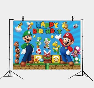 CharmingElf 3x5ft Mario Bros Happy Birthday Theme Backdrop Super Uncle Bros with Mushrooms Backgrounds Cartoon Boys Children Baby Shower Banner Cake Table Decor Photo Shoot Props