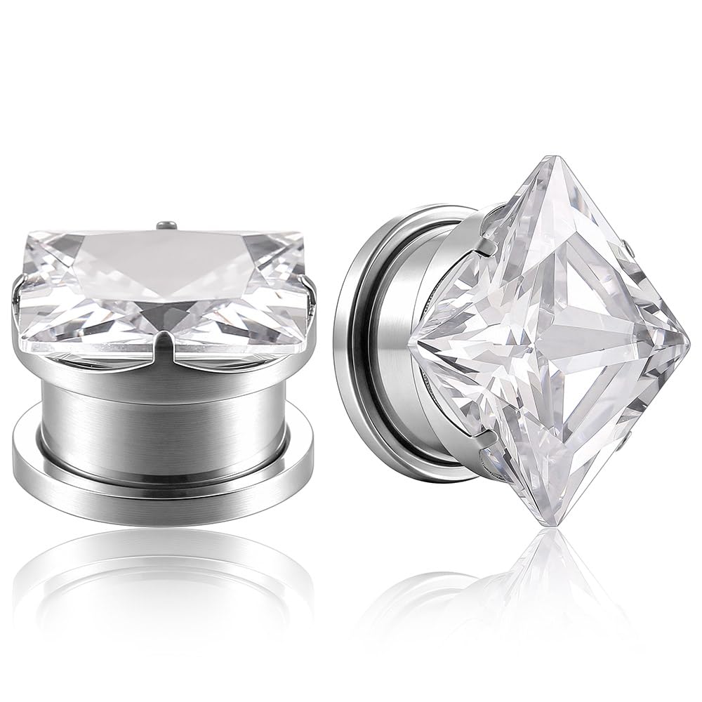Photo 1 of ARTFAN 5/8in (16mm) Ear Expander Gauges Tunnels - 2PCS Stainless Steel Screw Square CZ Stone Plugs Tunnels for Stretched Ears, Ear Gauges Stretcher for Women Men, Hypoallergenic Body Piercing Jewelry