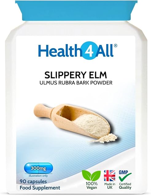 Slippery Elm 300mg 90 Capsules (V) Digestive Health. Acid Reflux Support. Vegan. Made in The UK by Health4All