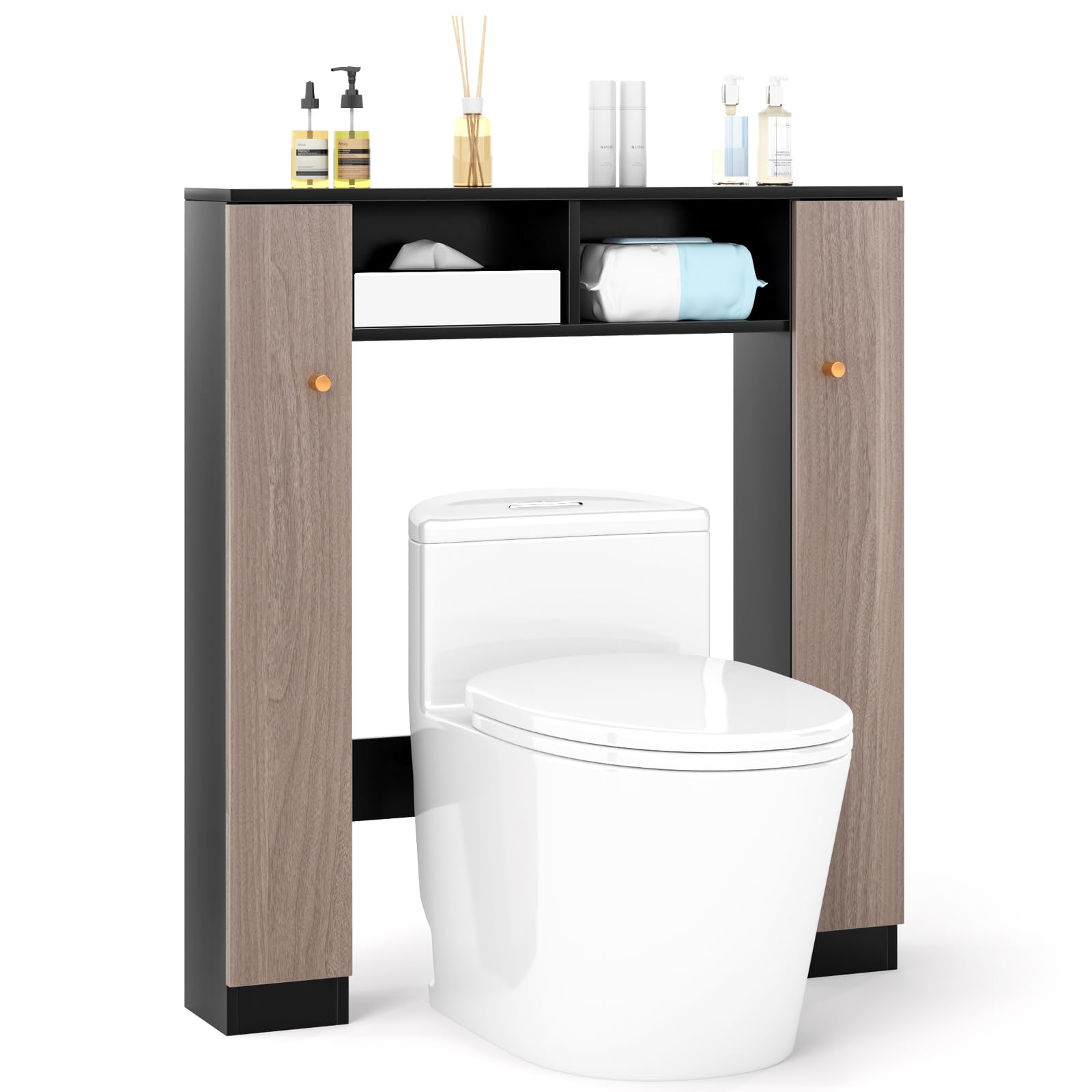 COSTWAY Meuble WC Au-Dessus de Toilettes, Meuble de Rangement avec 2 Compartiments Ouverts, 2 Placard avec 4 Étagères Réglables, Dispositif Anti-basculement, 18 x 87,5 x 98 cm (Gris+Noir)