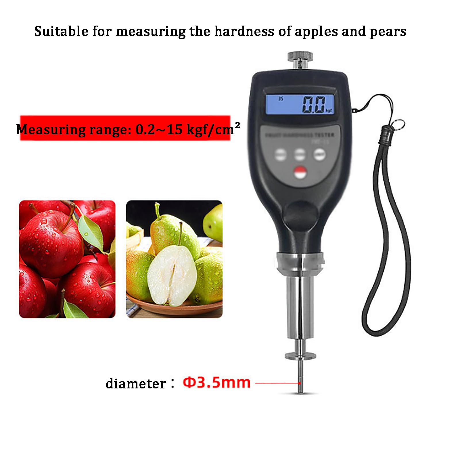 Probador de dureza de frutas, probador de maduración de alta precisión, rango de medición de 0,5 a 15,0 kg/cm², diámetro de sonda de 3,5 mm, profundidad de inserción de 10 mm, ideal para peras