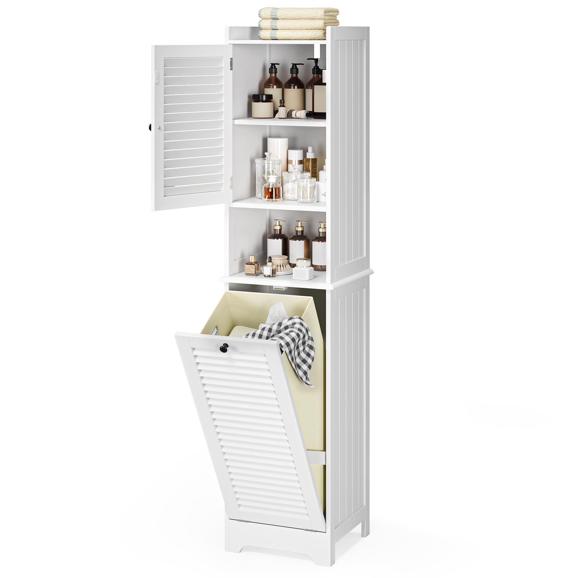 Xbro Mueble Baño con Cesto para Ropa, Armario Columna con Estantería y Puerta con Balda Ajustable, para Baño Pequeño, 40 x 170 x 37 cm, Blanco