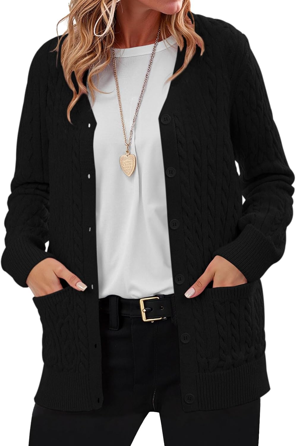 QUEZHU Women's Cable-Knit Cardigan Sweater V-Neck Winter Warm Cardigans