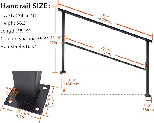 Miniatura 9 de Barandilla de escalera al aire libre de 2 o 3 escalones, pasamanos de hierro forjado negro con ajustable 0-30 para porche delantero, barandilla de